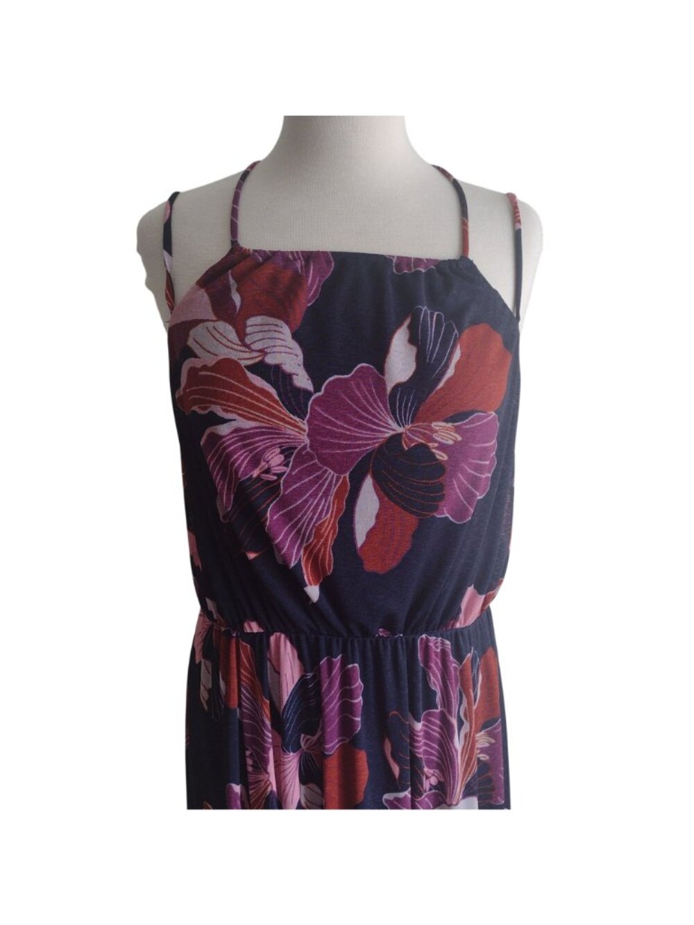 Anthropologie Floral Halter Dress L NEW Navy Purple Strappy Open Back Maxi - Picture 3 of 10